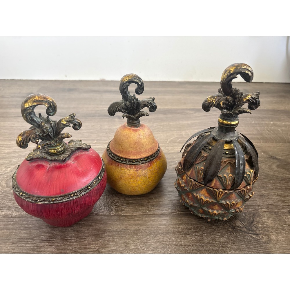 Set of 3 Vintage Ornate Fruit Trinket Boxes Pomegranate Pear Pineapple